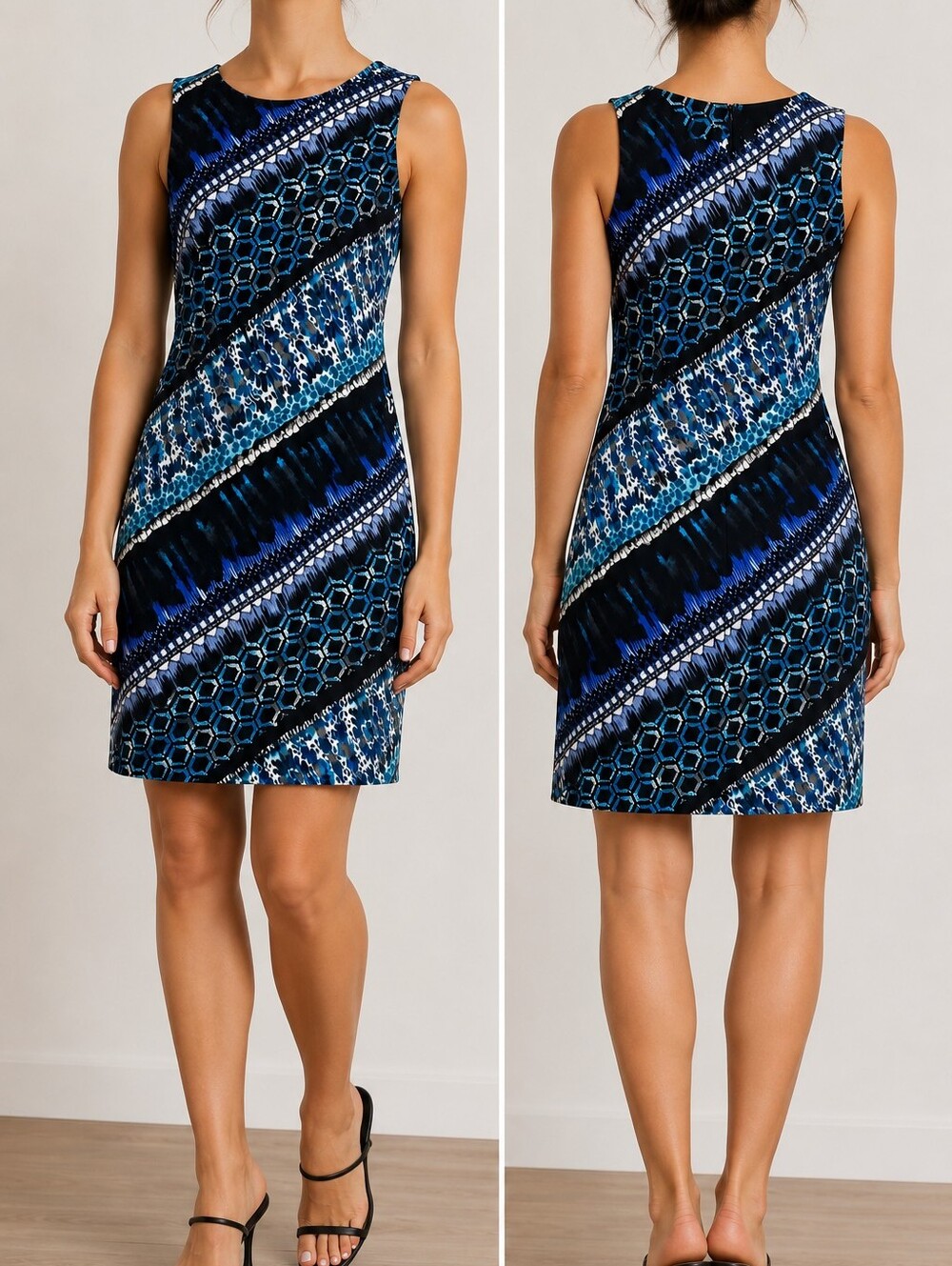 Sleeveless Blue Geo-Print Midi Dress